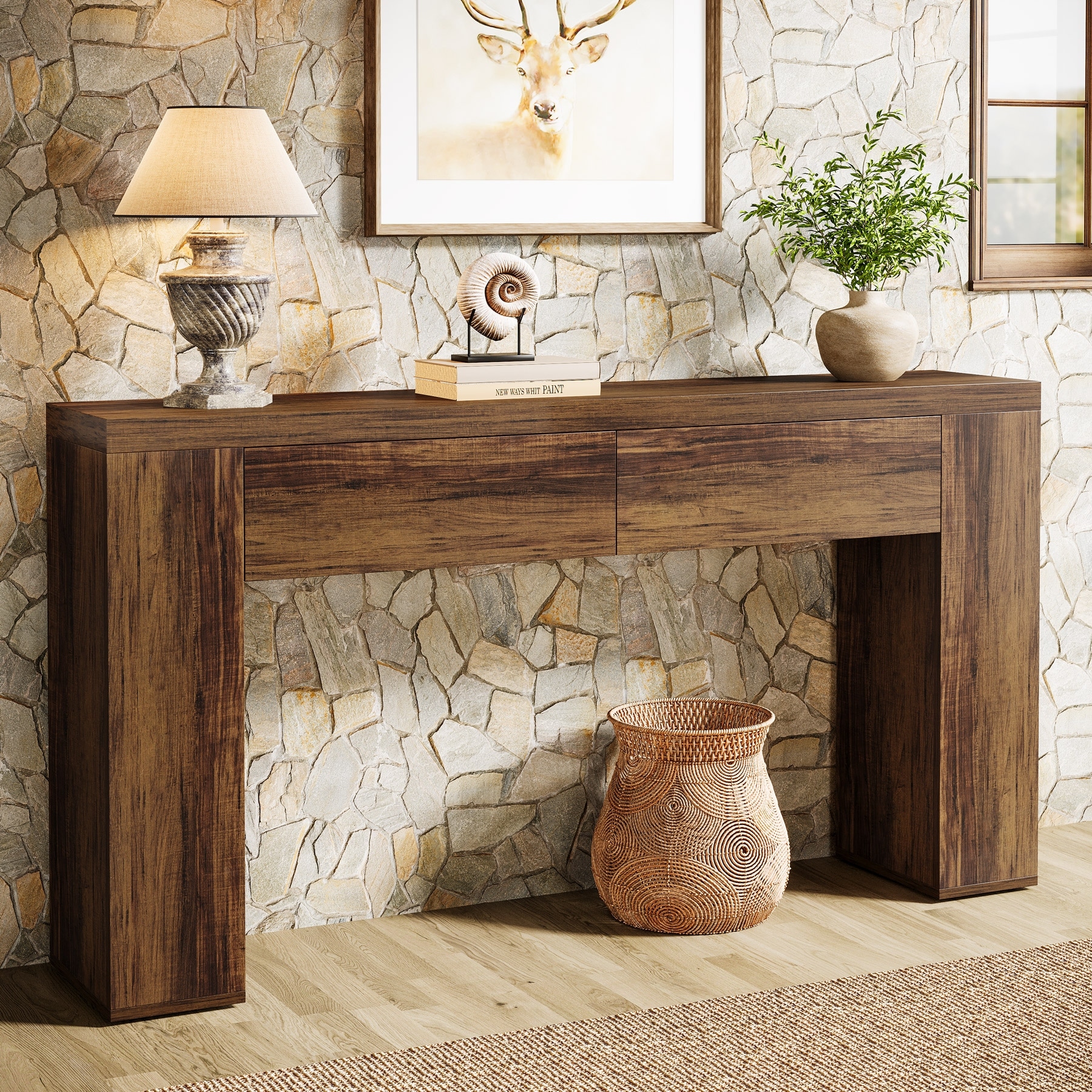 63-Inch Wooden Console Table, Farmhouse Rustic Brown Sofa Table