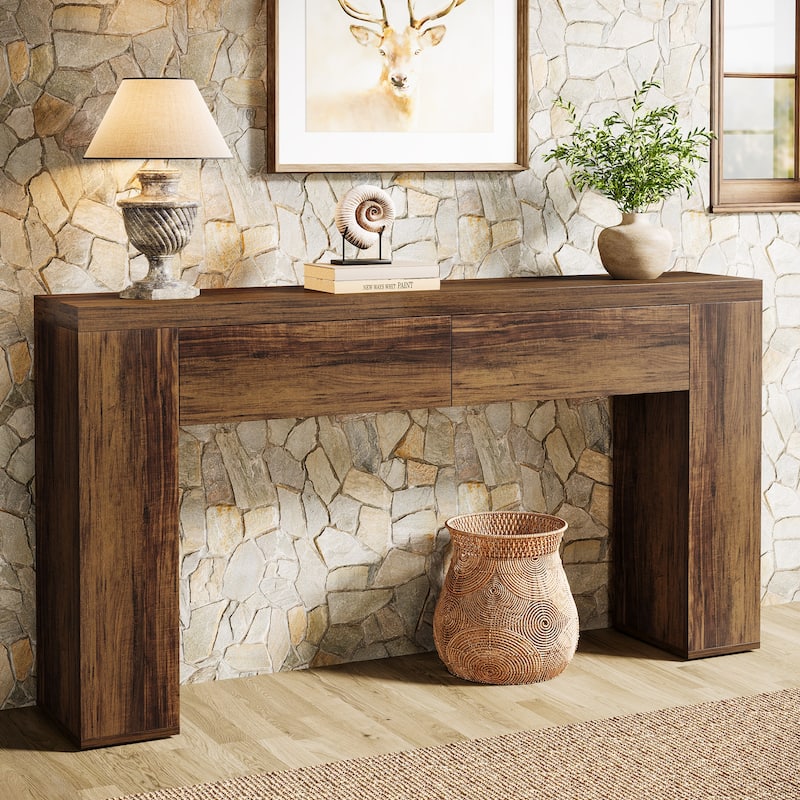 63-Inch Wooden Console Table with 2 Hidden Drawers, Sofa Table for Living Room, Hallway, Entrance, Foyer