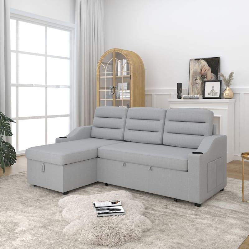 Convertible Sofa Bed Polyester Pullout Bed with Storage Recliner and Cup Holder - LIGHT GREY
