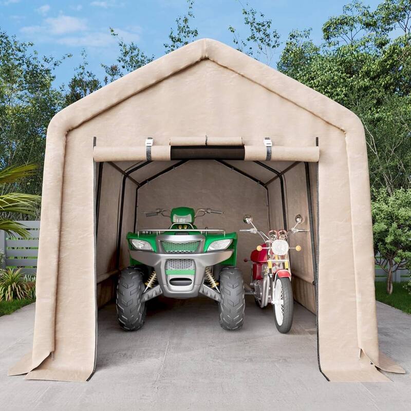 10x15 FT Portable Outdoor Storage Shed, Carport for Motorcycle, Firewood, Garden and Tools - Kahki