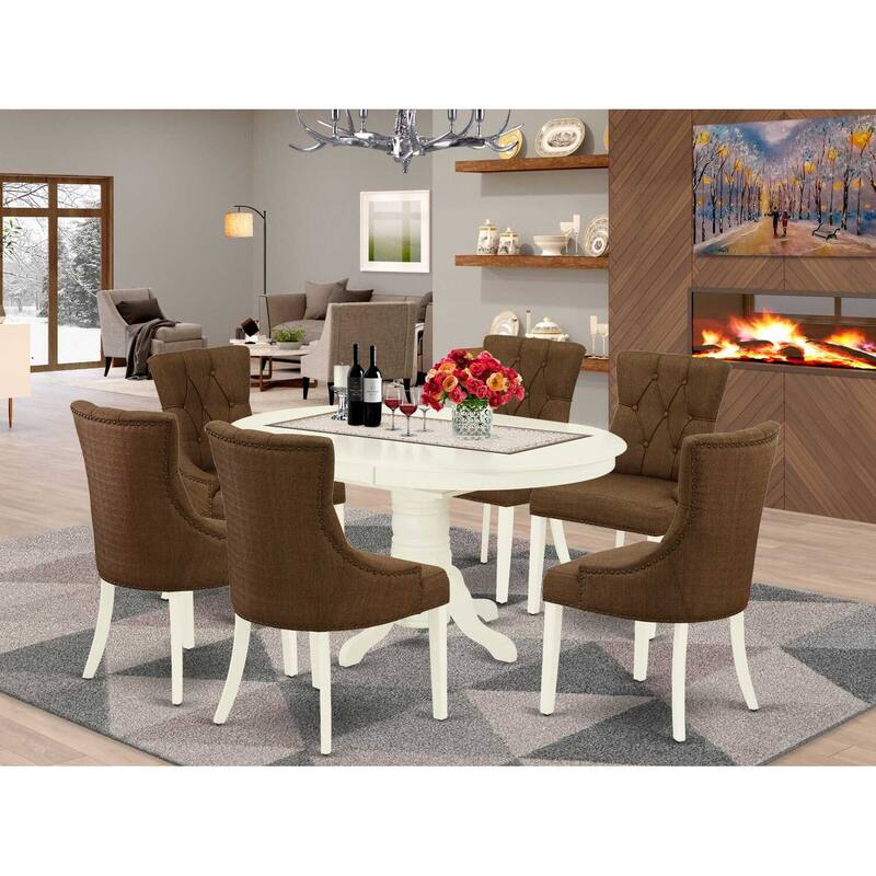 HomeStock 7-Piece Oval Linen White Finish Solid Wood Top Dining Table with 6 Parson-Chairs with Butterfly Leaf Lattice Back