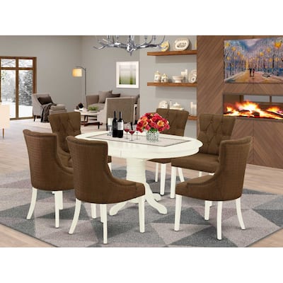 HomeStock 7-Piece Oval Linen White Finish Solid Wood Top Dining Table with 6 Parson-Chairs with Butterfly Leaf Lattice Back