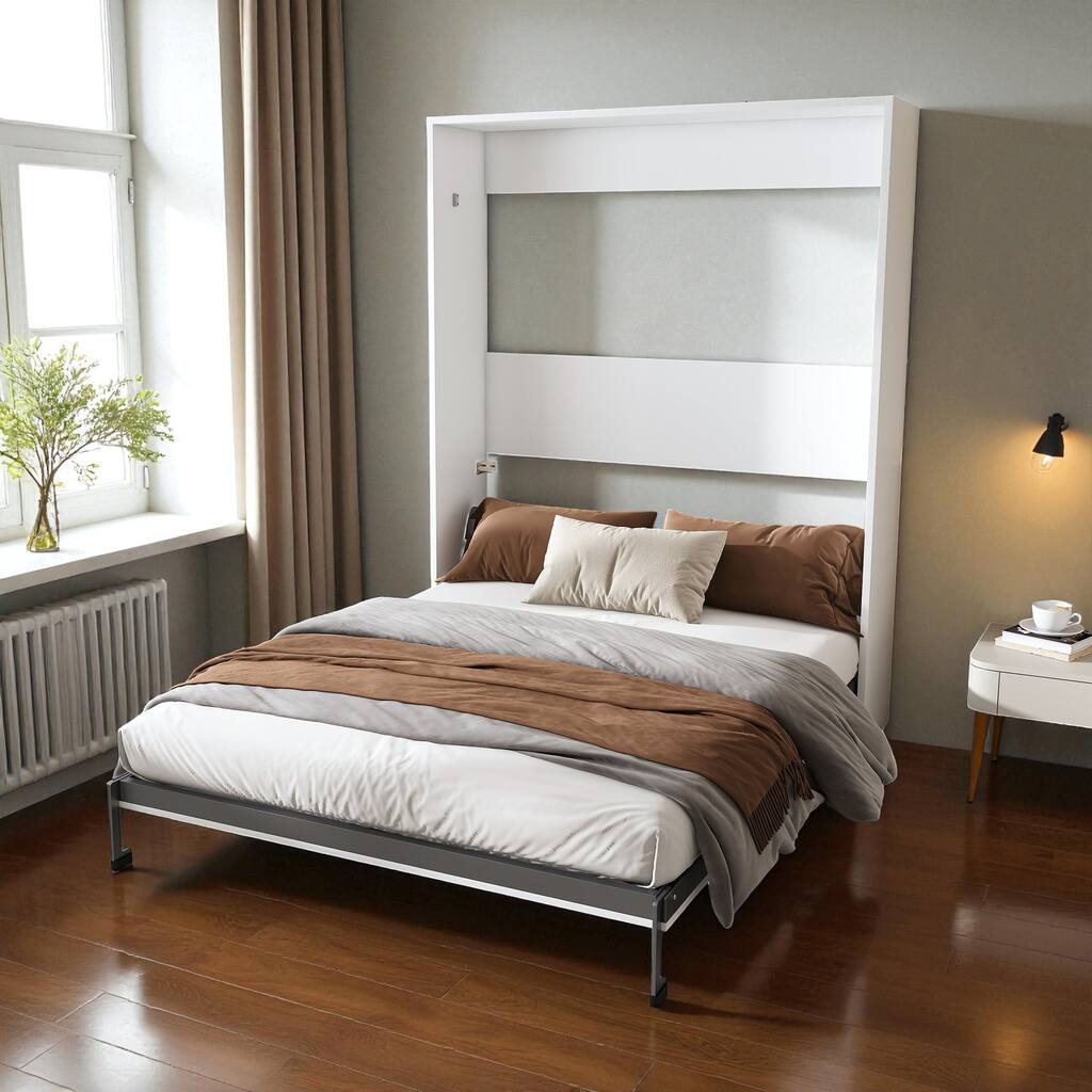 Queen Murphy Wall Bed 65in Foldable Hidden Bed, Metal Frame with Solid Wood Slats, Space-Saving Cabinet Design