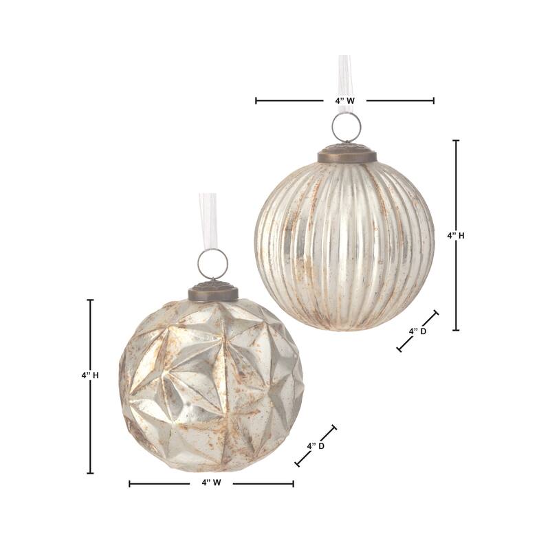 4" Ridged Glass Ball Ornament Set of 4