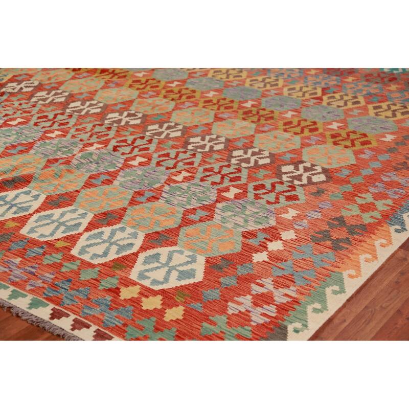 Geometric Kilim Large Rug Flatweave Dining Room Wool Carpet - 10'4"x 15'9"