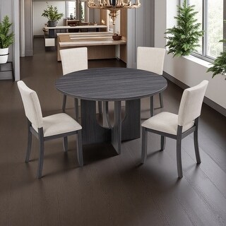 47.3" Round Wooden Dining Table Set with 4 Upholstered Chairs, Modern 5 ...