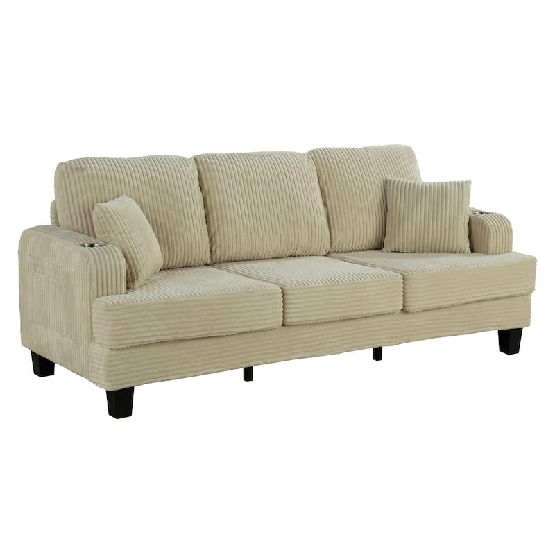85" Modern Corduroy Rectangle 3-seater Sofa with USB and 2 Pillows