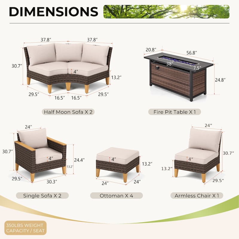 6-11 Piece Patio Outdoor Wicker Sectional Sofa Half-Moon Furniture Set Large Seating Conversation Sets with Fire Pit Table