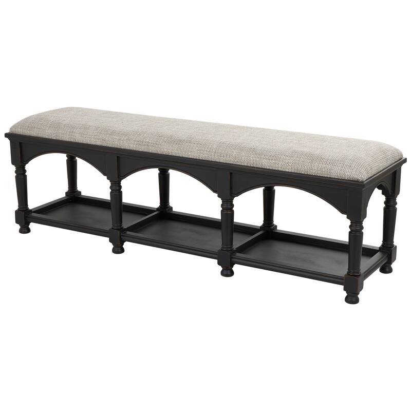 Fabric Arched Storage Bench with Traditional Turned Legs and Beige Cushion - Black - Roche River Decor - 16"Wx59"Lx19"H