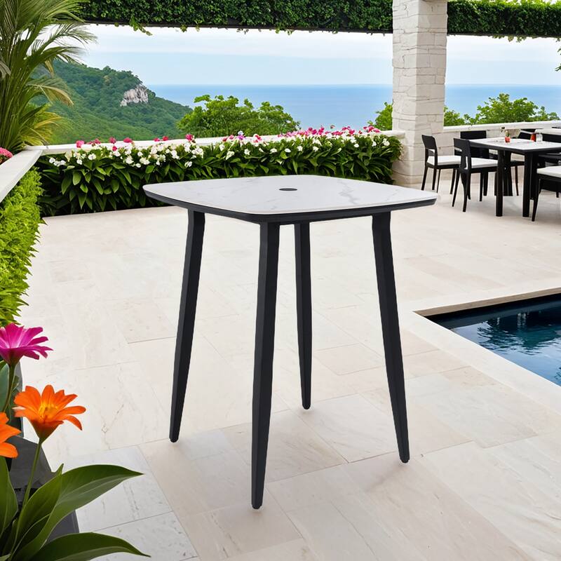 35.4" Square Outdoor Bar Table - Sintered Stone Top, Umbrella Hole, Ember Black - 35.4" D x 35.4" W x 41.7" H