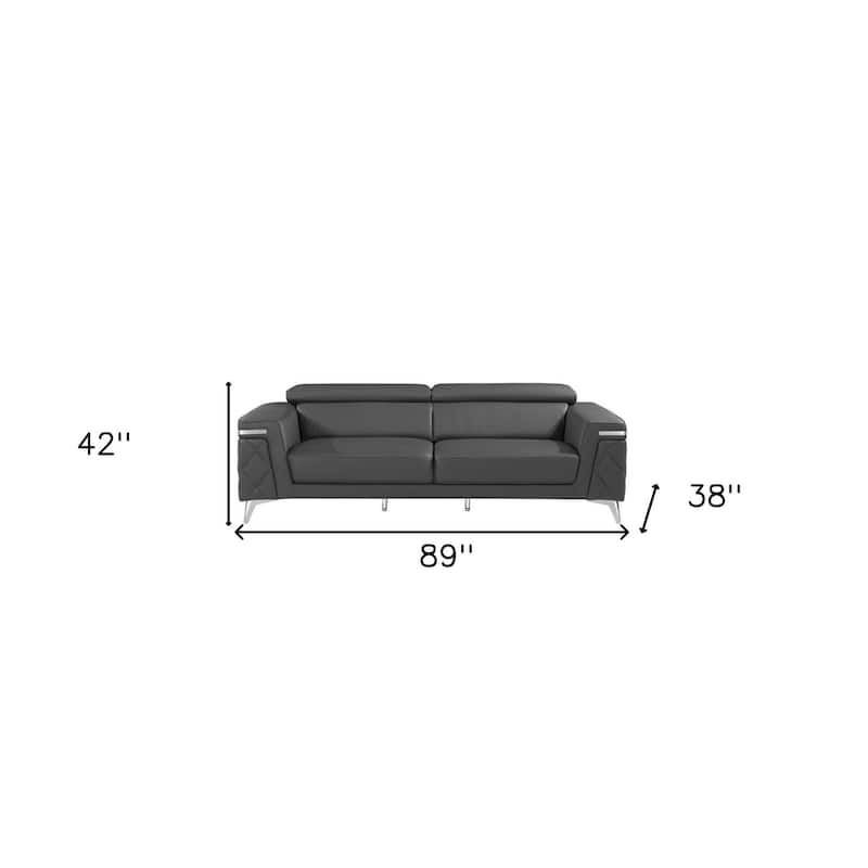 HomeRoots 89" Gray Italian Leather Sofa With Silver Legs - 89
