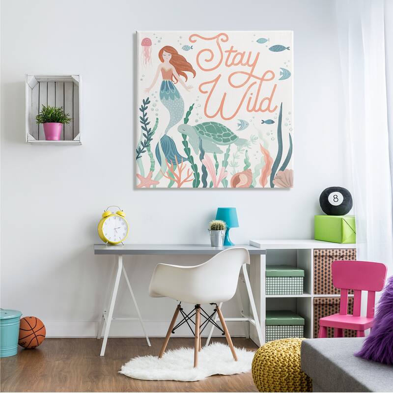 Stupell Stay Wild Phrase Children's Seafloor Mermaid Tortoise Canvas Wall Art - Blue