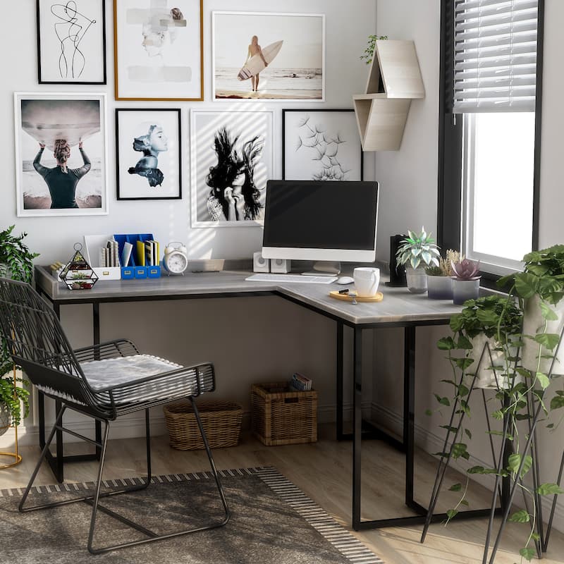 Magnus Industrial 59-inch Metal L-Shape Computer Desk with USB by Furniture of America - Distressed Grey