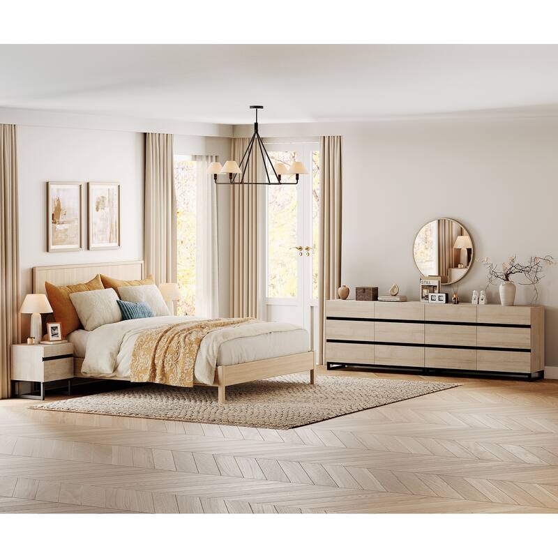 3-Piece Bedroom Furniture Set,Dresser &Chest With 12 Drawers, 2 Nightstand for Bedroom, Bedroom Furniture Set - Beige - Full
