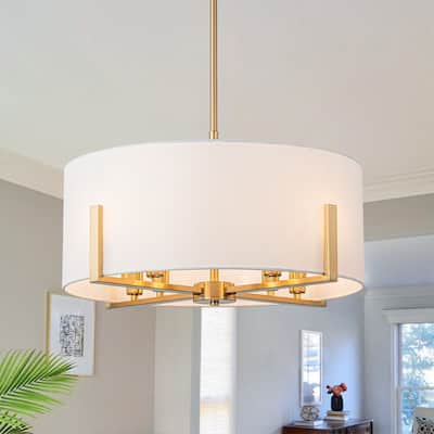 8-Light Semi-Flush Convertible To Pendant With White Drum Lampshade