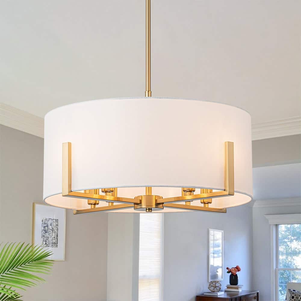 8-Light Semi-Flush Convertible To Pendant With White Drum Lampshade