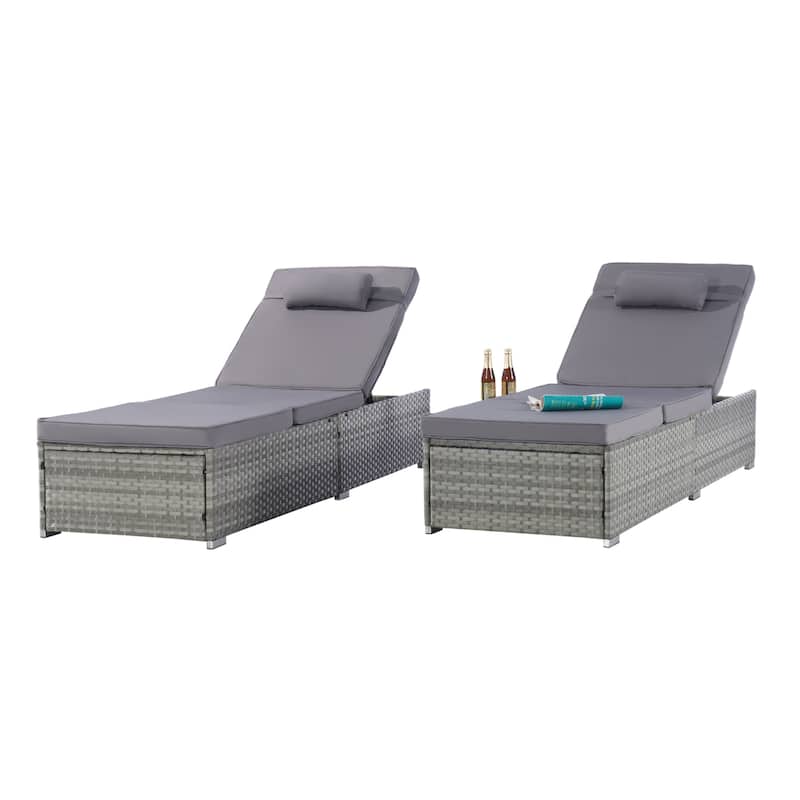 Set of 2 Outdoor Rattan Chaise Lounge with Adjustable Backrest