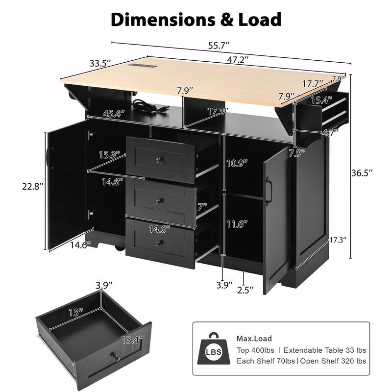 55.7" Kitchen Island with Drop Leaves, Rolling Cart with Power Outlet, Spice Rack, and 3 Drawers