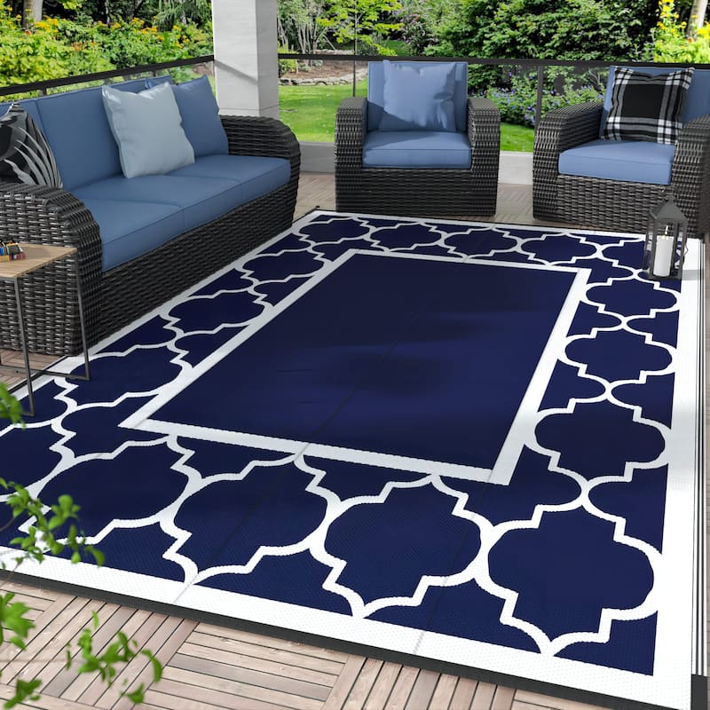 Reversible Dark Tone Geometric Flat-Weave Recyclable Outdoor Rug - 9'X12' - Blue - Rectangle