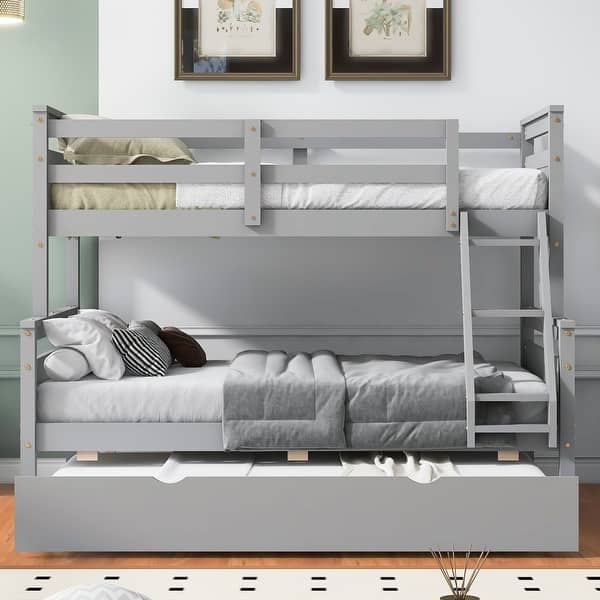 slide 2 of 14, Twin over Full Bunk Bed with Ladder, Twin Size Trundle,Box Spring Not Required Grey