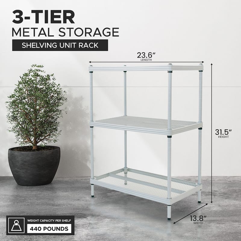 Design Ideas MeshWorks 3 Tier Full-Size Metal Storage Shelving Unit Rack, White
