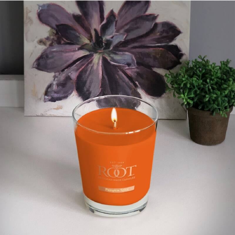 Root Candles Pumpkin Spice 10.5 oz Large Veriglass Jar On Sale Bed