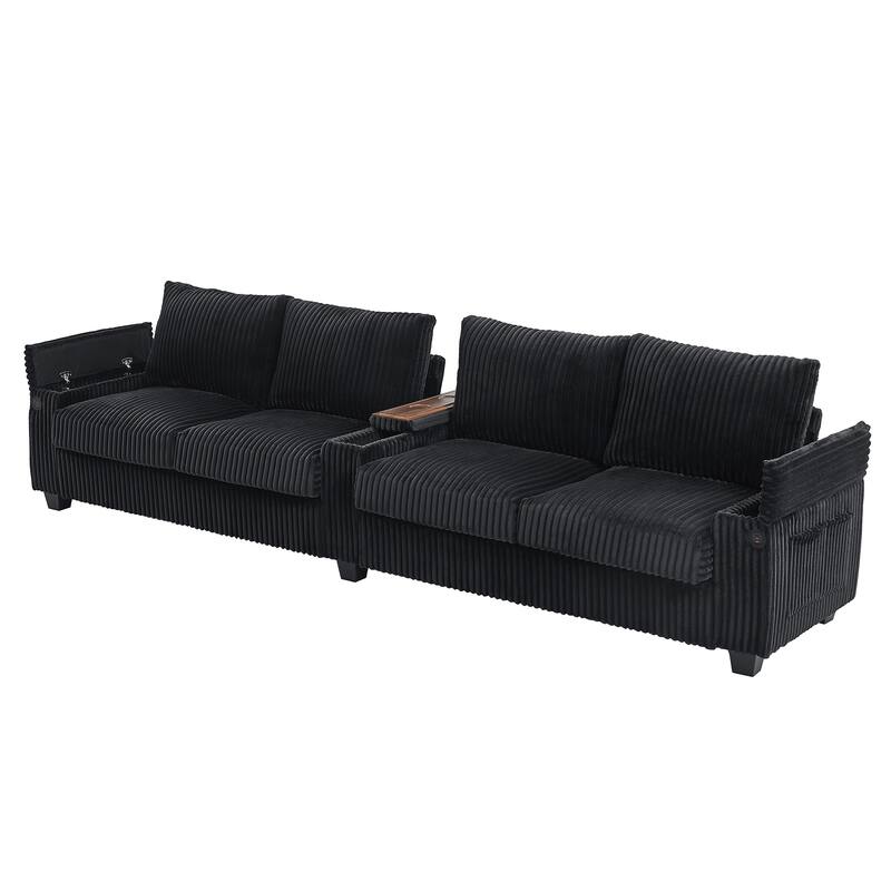 Corduroy Straight Row Sofa 4-seater Sectional Couch Buil-in USB Ports, Flip-Top Cup Holders Storage and Hidden Storage Arms