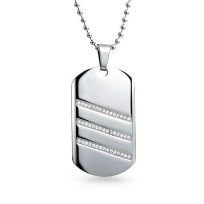 Geometric Men's CZ Dog Tag Pendant Necklace Silver Tone Stainless Steel 24" Chain