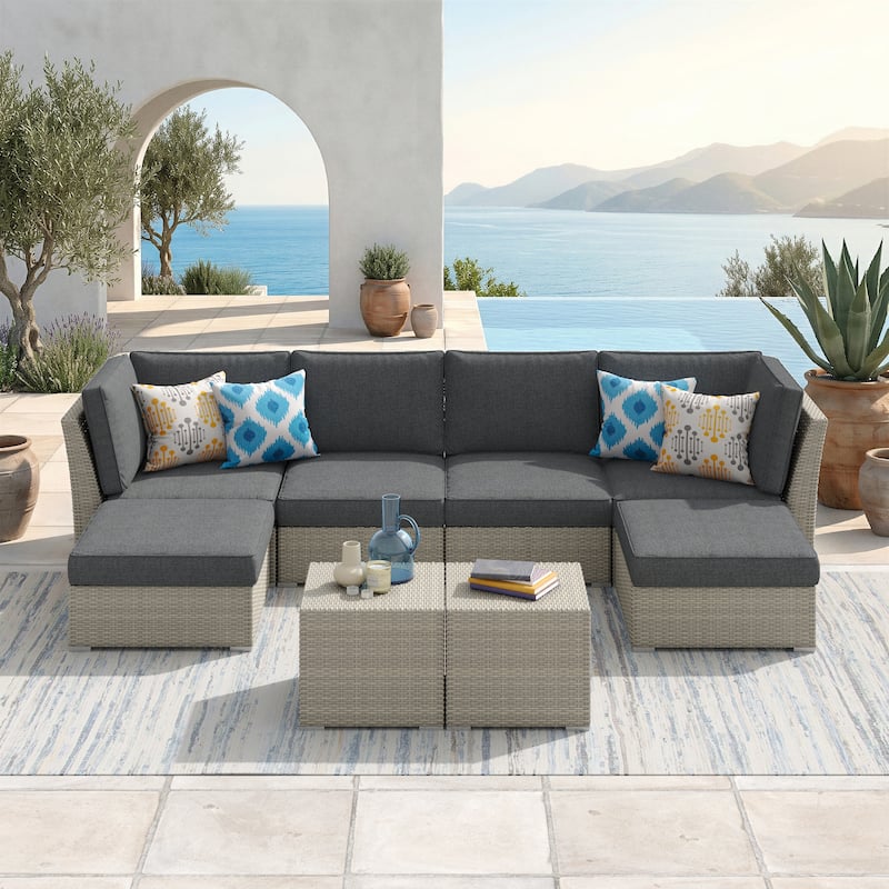 Corvus Looe 8-Piece Outdoor Sectional Set with Deep Seating, Aluminum Wicker Conversation Sofa with Ottomans