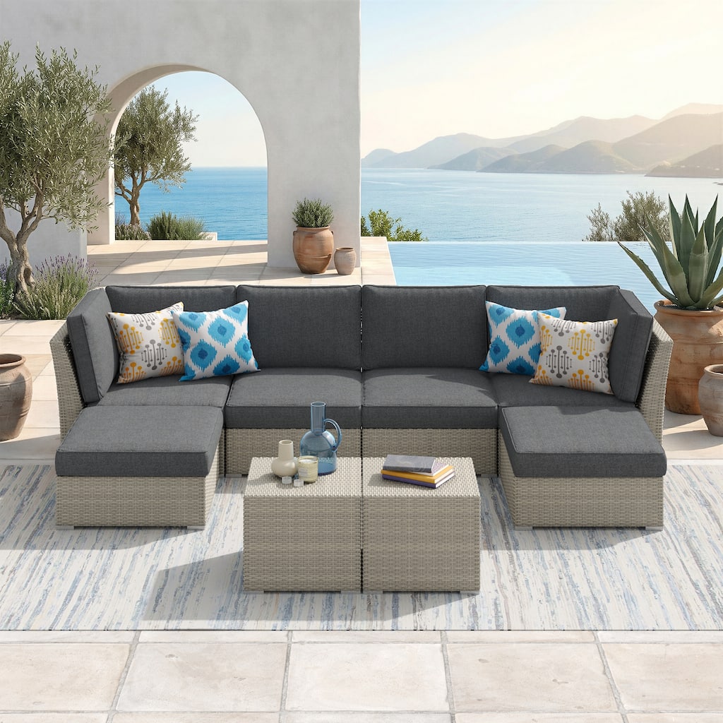 Corvus Looe 8-Piece Outdoor Sectional Set with Deep Seating, Aluminum Wicker Conversation Sofa with Ottomans