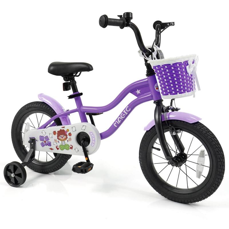 Costway 12”/14”/16”/18” Kids Bike with Training Wheels, Basket, Hand & - See Details - 14” Purple