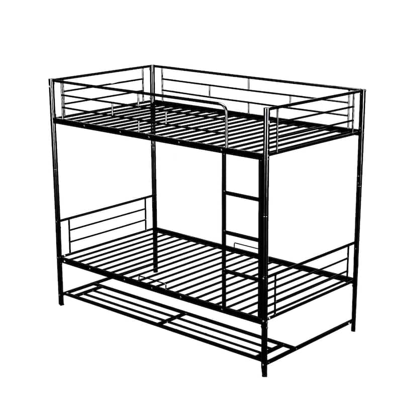 Twin Over Twin Metal Bunk Bed with Shelf & Guardrails