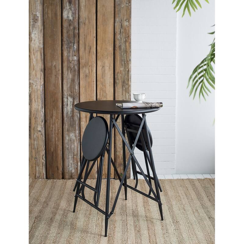 Black Foldable Side Table and Stool Set with Shelves