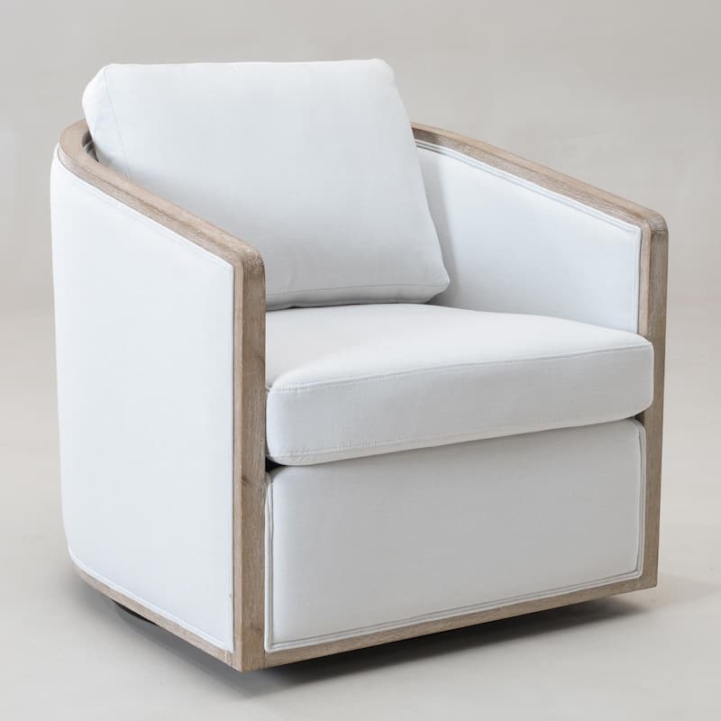 KINWELL 31"W Oak Frame Upholstered Swivel Barrel Armchair - Set of 1 - Ivory Fabric