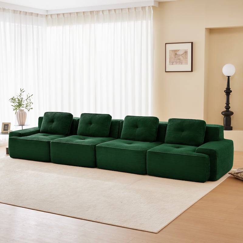 Roomfitters No Assembly Modular Sofa, 117 Inch Corduroy 3-Seater with Piping, Green - Green 153"