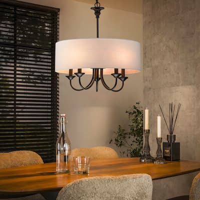 5-Light Farmhouse Rustic White Fabric Drum Chandelier for Living/Dining Room - 19.69 in. W x 21.65 in. H