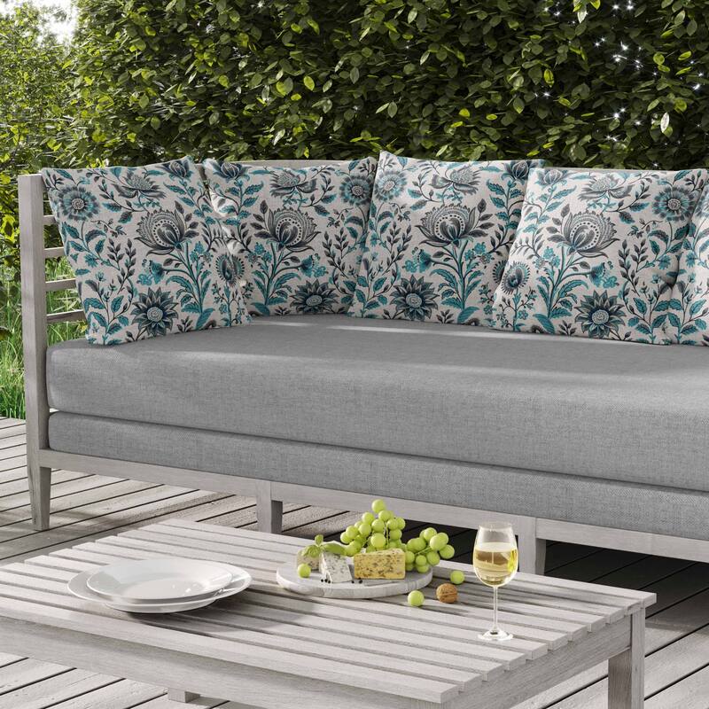 Sanganeri Block Print Indoor/Outdoor Reversible Throw Pillow Grey and Turquoise