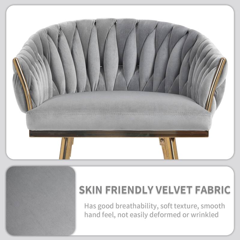 Versatile Counter Height Bar Stools Set of 2 Velvet Armchairs with Wave Braided Curved Back, Golden Chromed Legs and Footrest