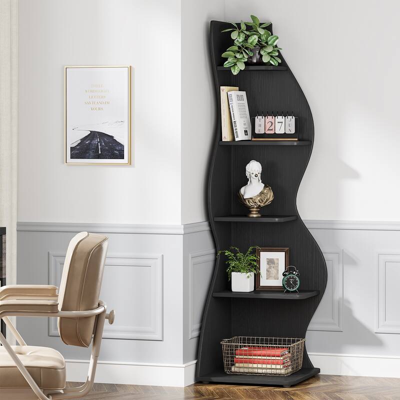 Modern Wood Corner Shelf, 5-Tier Bookshelf Bookcase for Living Room