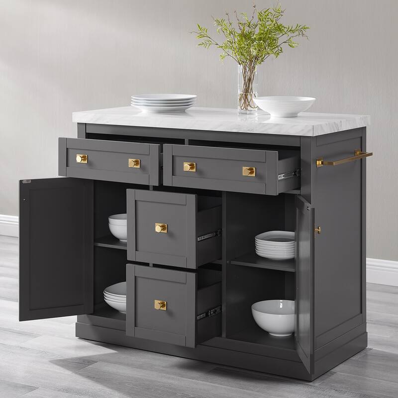 Gray Kitchen Island with White Faux Marble Countertop, Cabinets, Drawers, and Elegant Hardware for Modern Homes