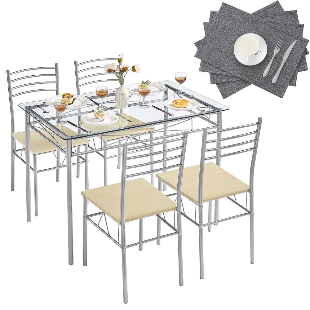 VECELO Sliver Dining Table and Chairs, Dining Sets with 4 Placemats