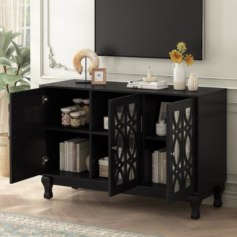 Roomfitters Mirrored TV Stand for up to 55 Inch TV, Modern Entertainment Console with Adjustable Shelves and Metal Handle, Black