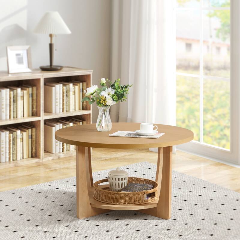 31.5" Round Coffee Table with Solid Wood Legs and 2-Tier Storage - 31.5"Dia x 17.72"H