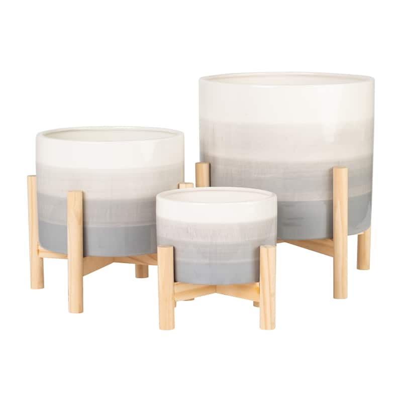 Sagebrook Home Neutral Grey Ombre 8" Ceramic Planter with Wood Stand - 8" x 8" x 9"