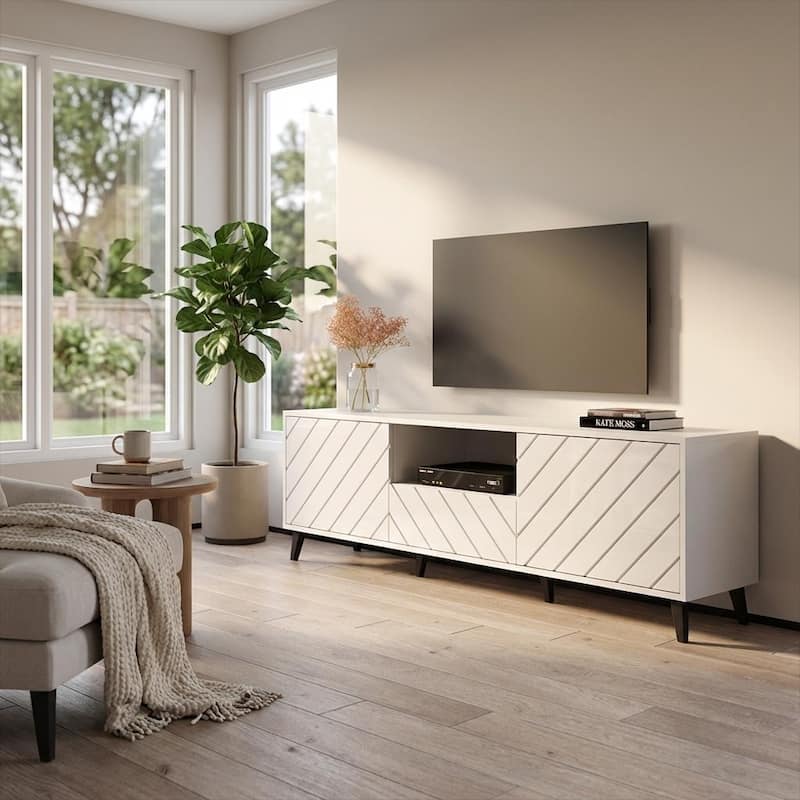 Meble Furniture Paris Modern 71" High Gloss TV Stand with Geometric Front Design, Angled Legs, 22"H x for up to 80" TVs