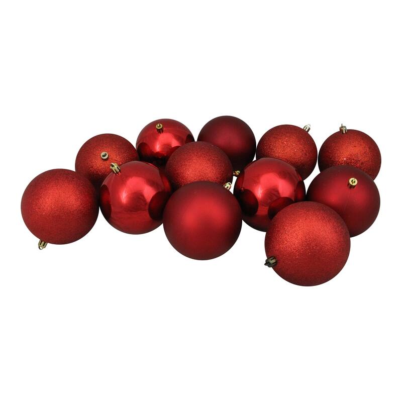 Shatterproof 4-Finish Christmas Ball Ornaments - 4" (100mm) - Red - 12ct