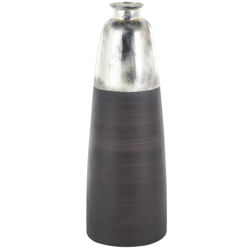 Black Glass Tall Brushed Two-Toned Floor Decorative Vase with Textured Silver Top