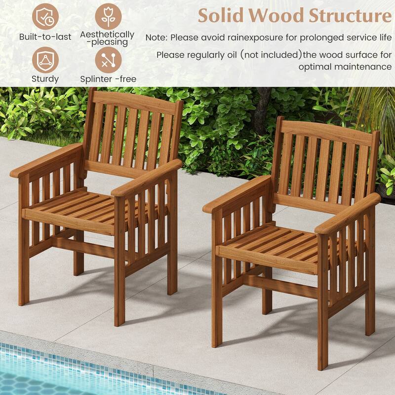 2 Wooden Patio Chairs with Inclined Backrest and Armrests Perfect for Garden Balcony - 25" x 23" x 35"