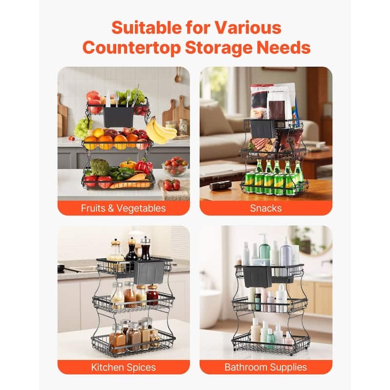 Kitchen Countertop Fruit Storage Rack 3-Tier Matte Black Wire Basket with Side Storage Pouches - 15.16” x 9.06” x 17.91”
