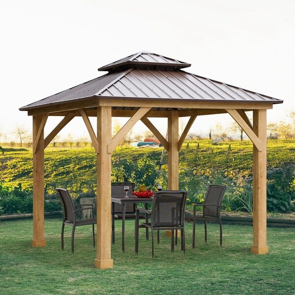 Outsunny 10 x 10 Hardtop Gazebo Canopy Outdoor Patio Shelter Solid Wood Frame Steel Double Tier Roof Brown